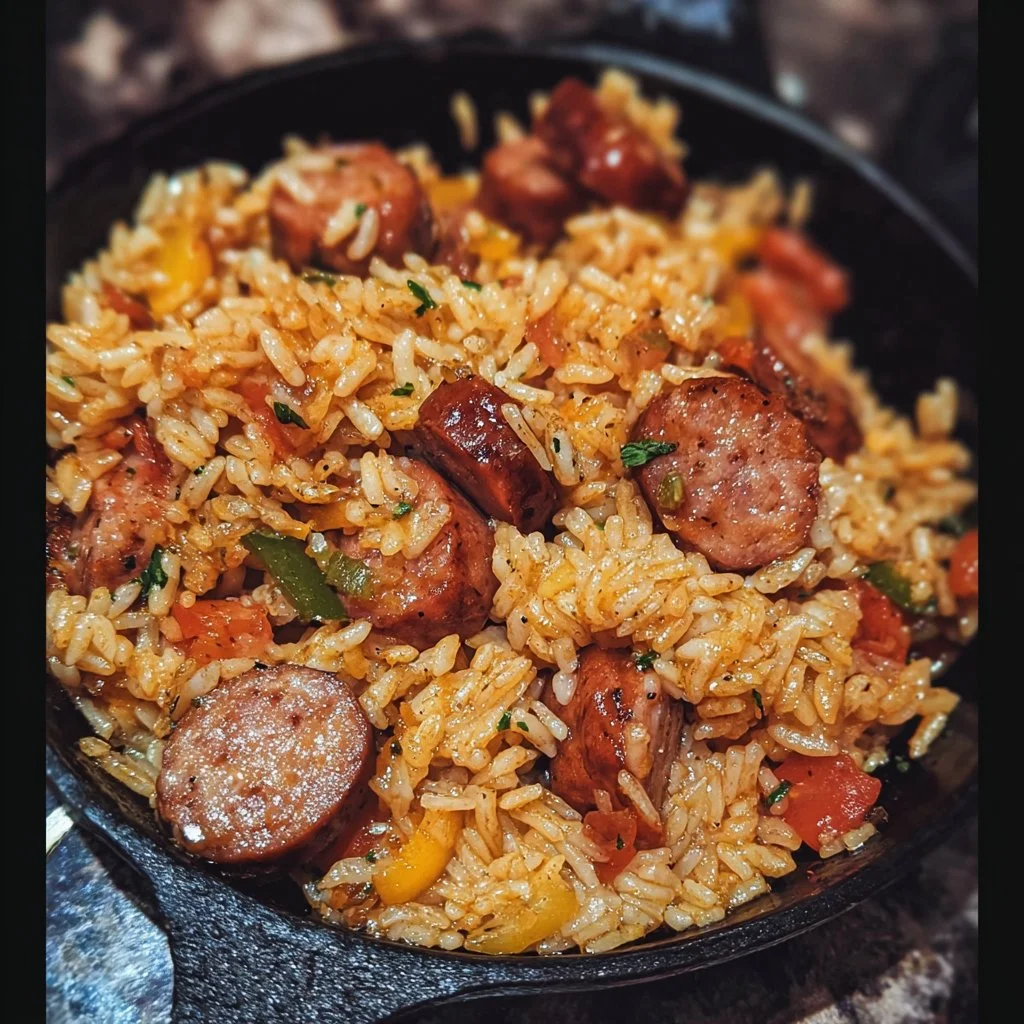 Delicious Cajun Sausage Rice skillet dish garnished with parsley.