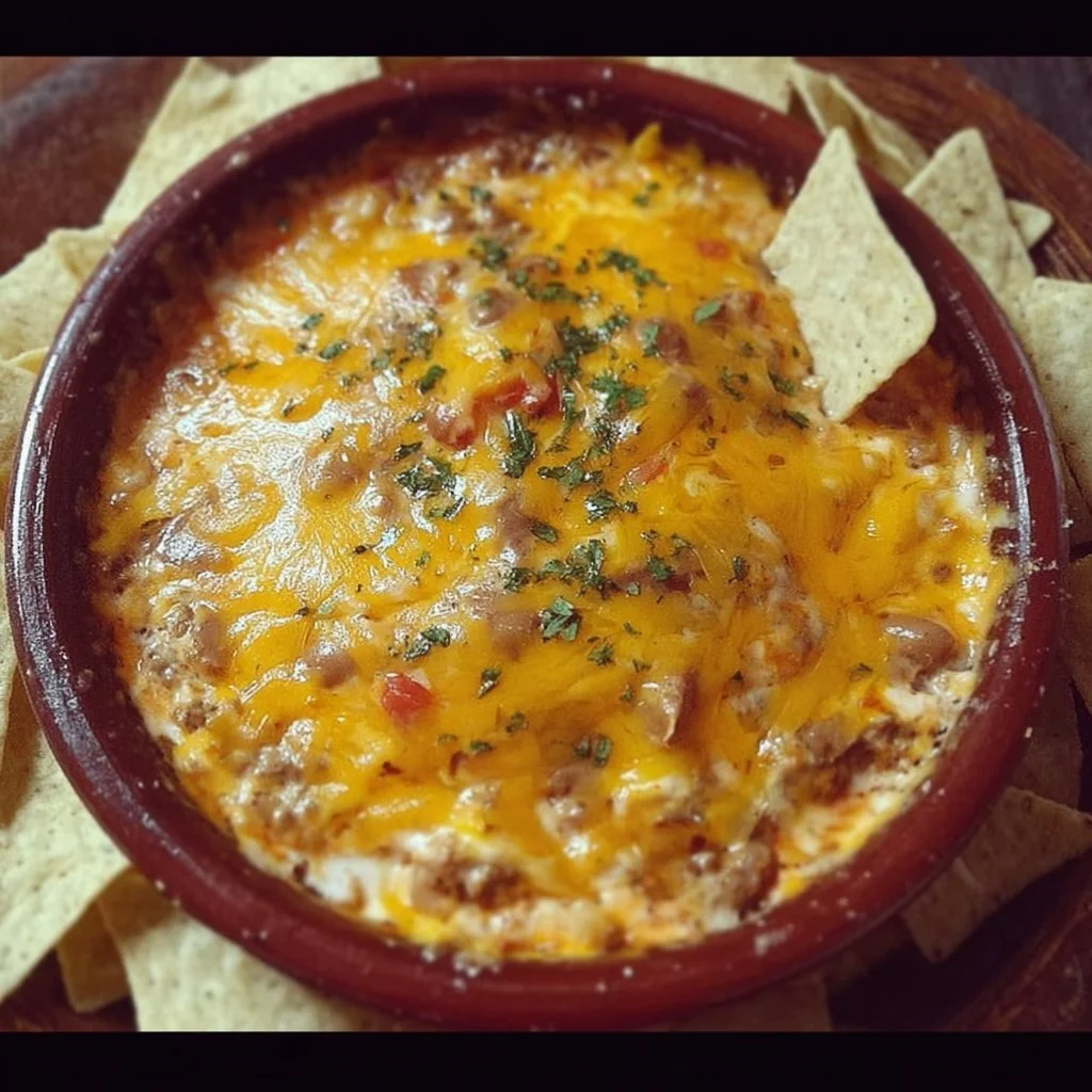 Delicious cheesy bean dip served with tortilla chips