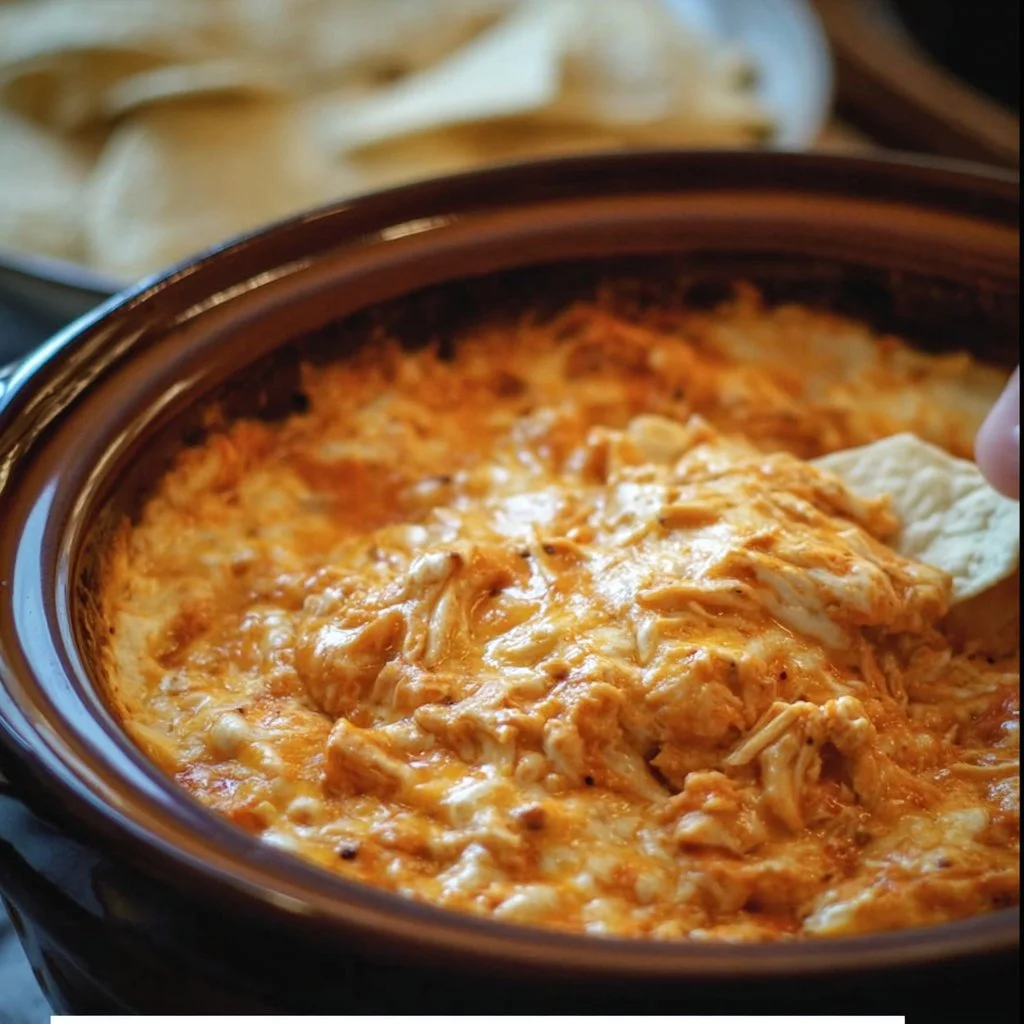 Cheesy Crock Pot Buffalo Chicken Dip 1 Cheesy Crock Pot Buffalo Chicken Dip served in a bowl