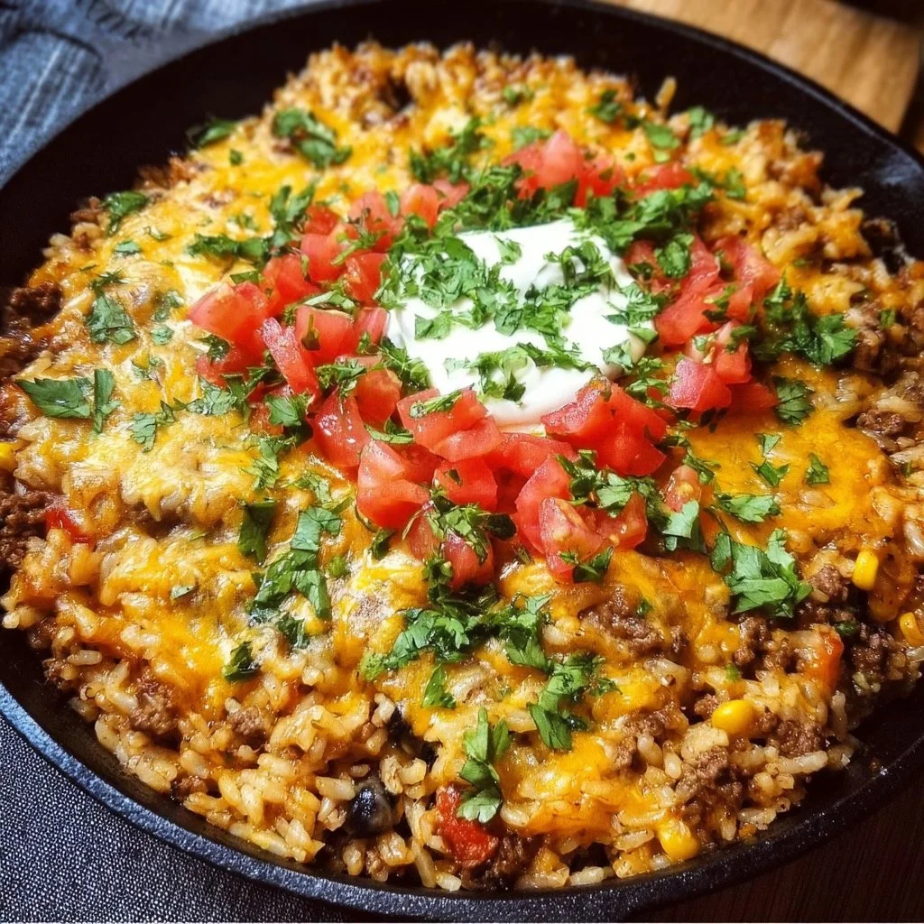Cheesy Taco Rice Skillet 1 Cheesy Taco Rice Skillet garnished with cheese and herbs, served in a frying pan