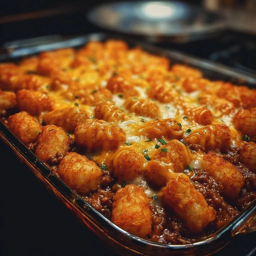 Chili Cheese Tater Tot Casserole: A Family Favorite Dish! 1 Chili Cheese Tater Tot Casserole with cheese and chili toppings