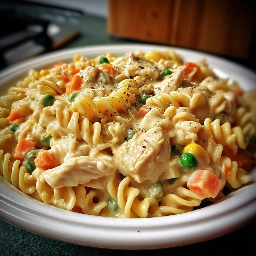 A savory serving of Classic Chicken Pot Pie Pasta in a bowl.