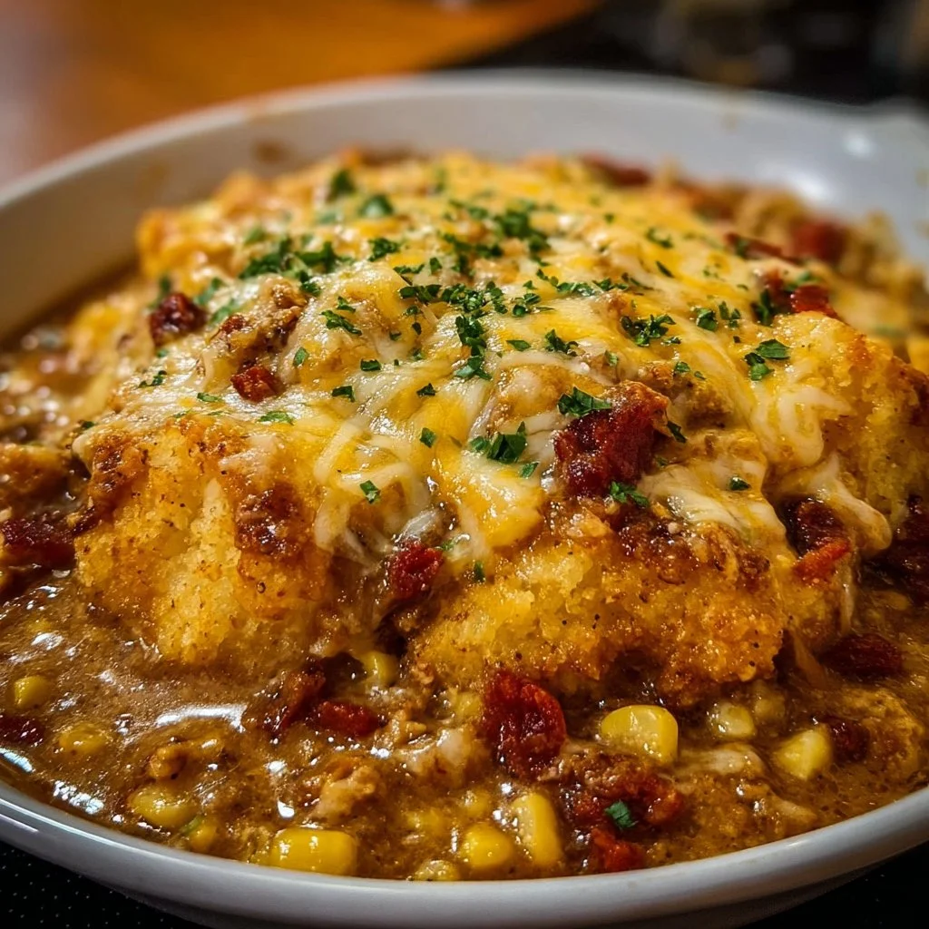 Delicious Cowboy Casserole served in a baking dish with toppings