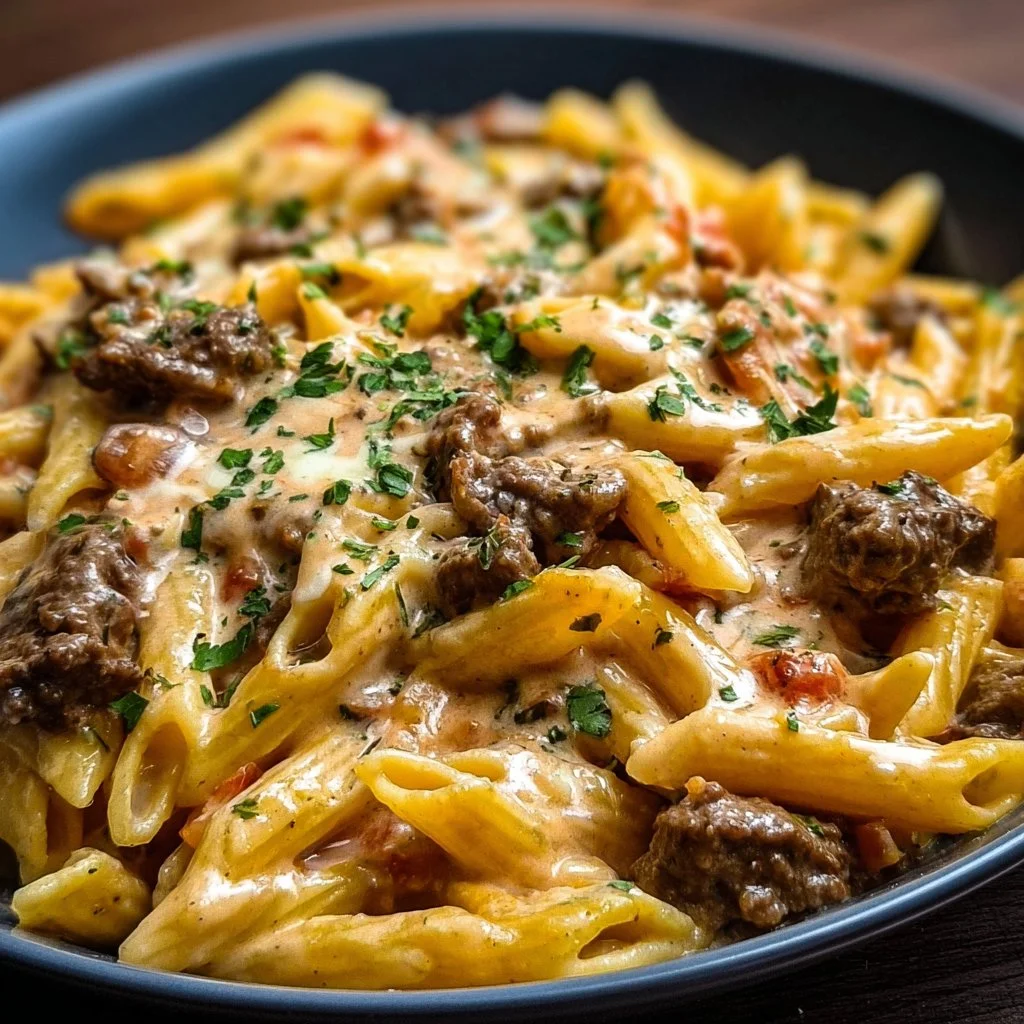 Creamy beef pasta dish garnished with herbs and cheese