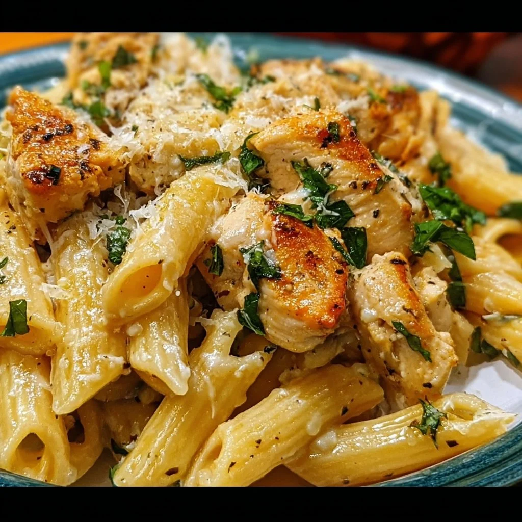 Creamy Garlic Parmesan Chicken Pasta 1 Creamy garlic parmesan chicken pasta served in a bowl with herbs
