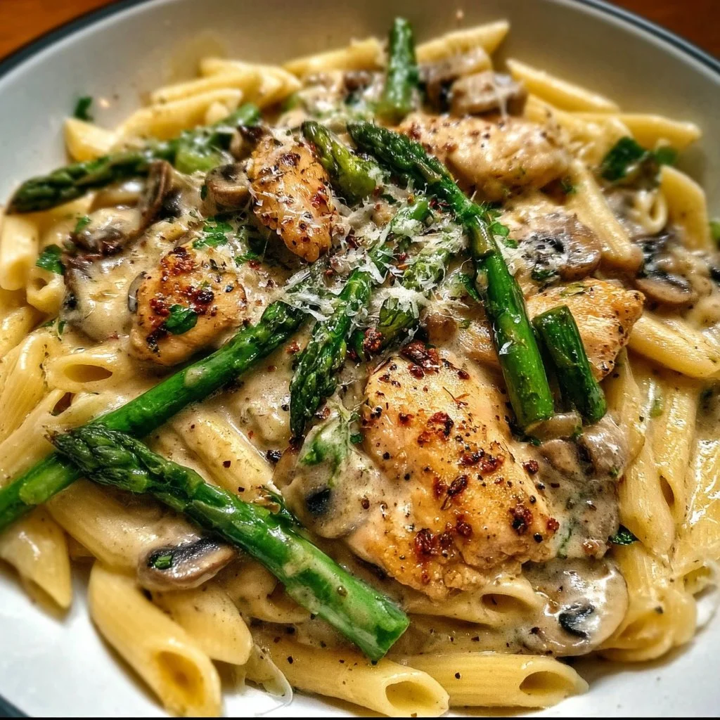 Creamy Mushroom and Asparagus Chicken Penne