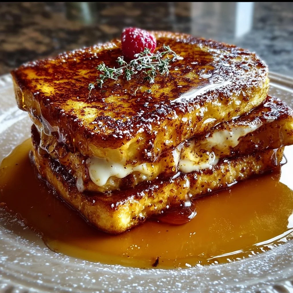 Delicious Crème Brûlée French Toast topped with caramelized sugar and fresh berries