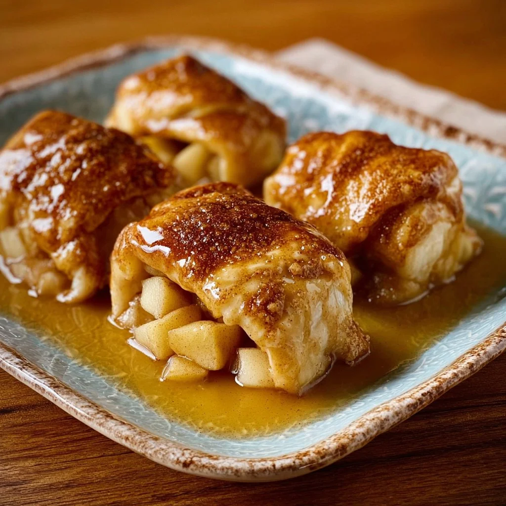 Delicious crescent roll apple dumplings served with caramel sauce
