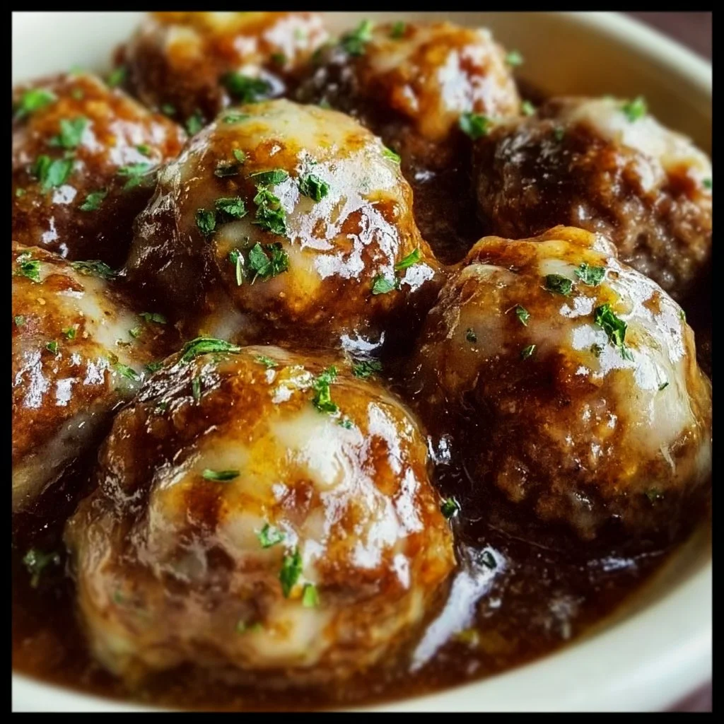 Plate of Crockpot French Onion Meatballs garnished with herbs