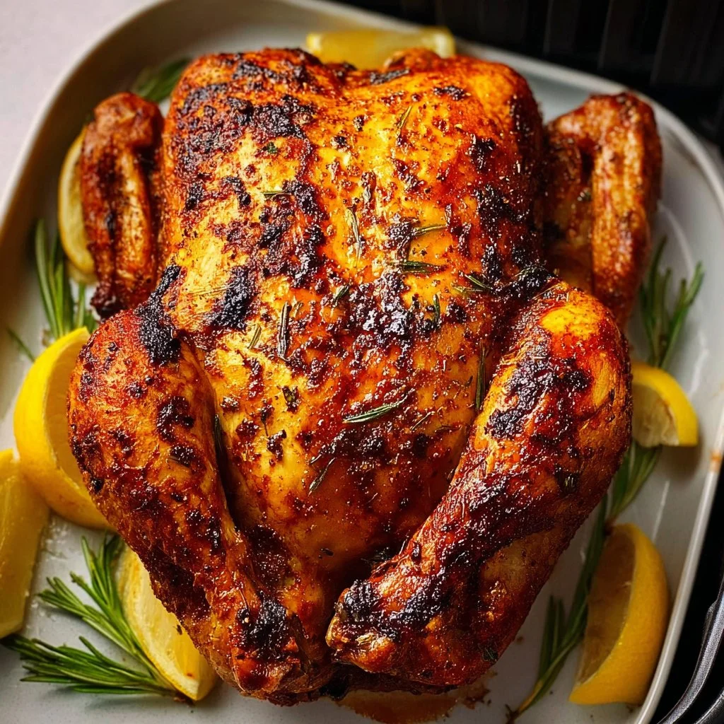 Easy air fryer whole chicken served on a plate