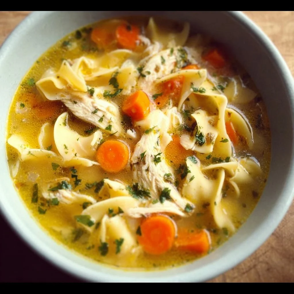 Easy Chicken Noodle Soup 1 Bowl of easy homemade chicken noodle soup with vegetables and herbs