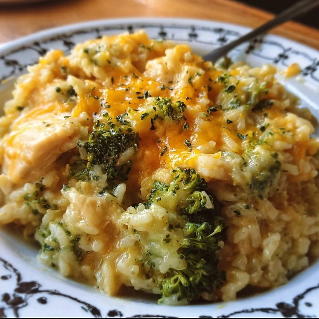 Easy Crockpot Cheesy Chicken Broccoli Rice 1 Crockpot cheesy chicken broccoli rice served in a bowl with a side of green garnish