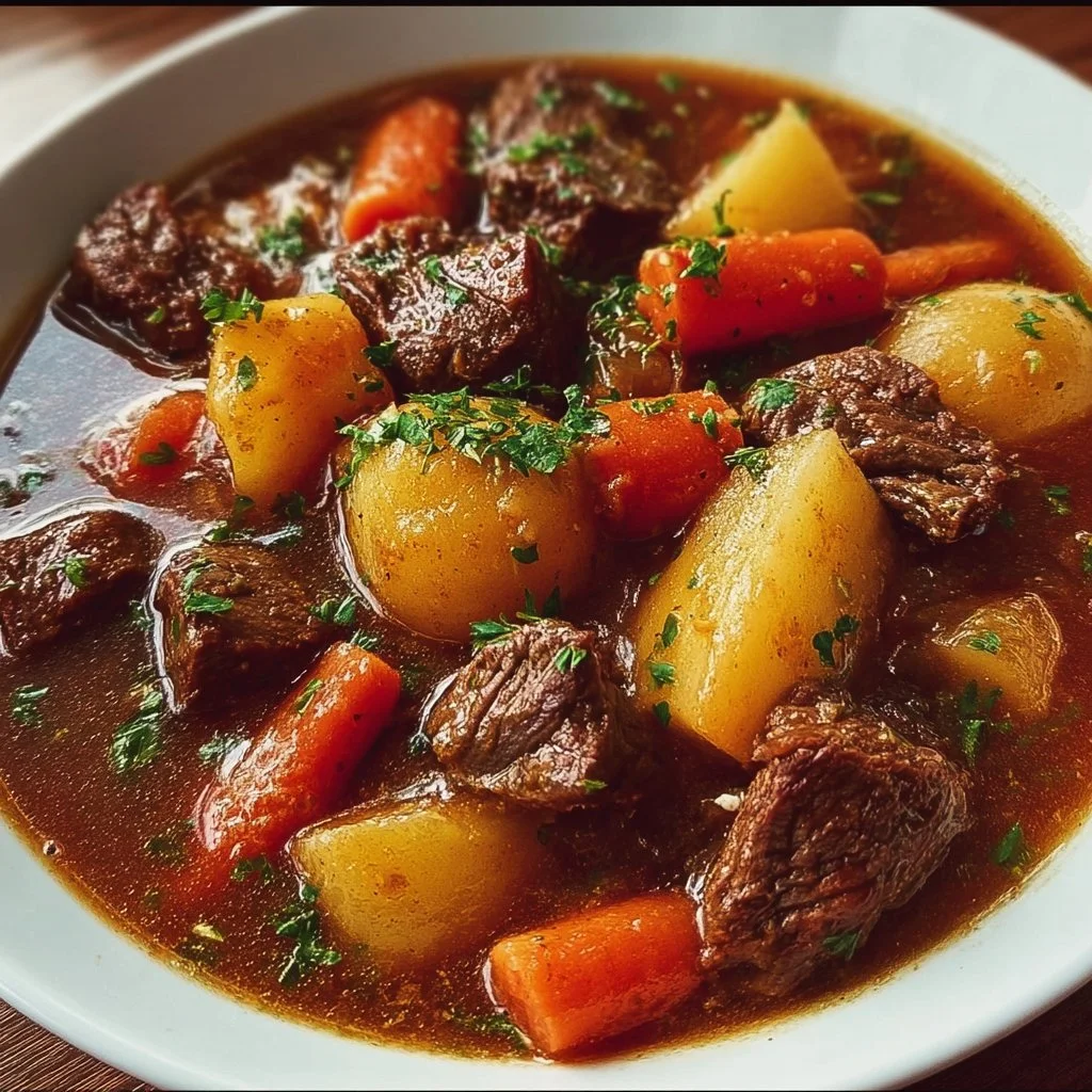 A hearty Crockpot beef stew served in a bowl with vegetables and herbs.