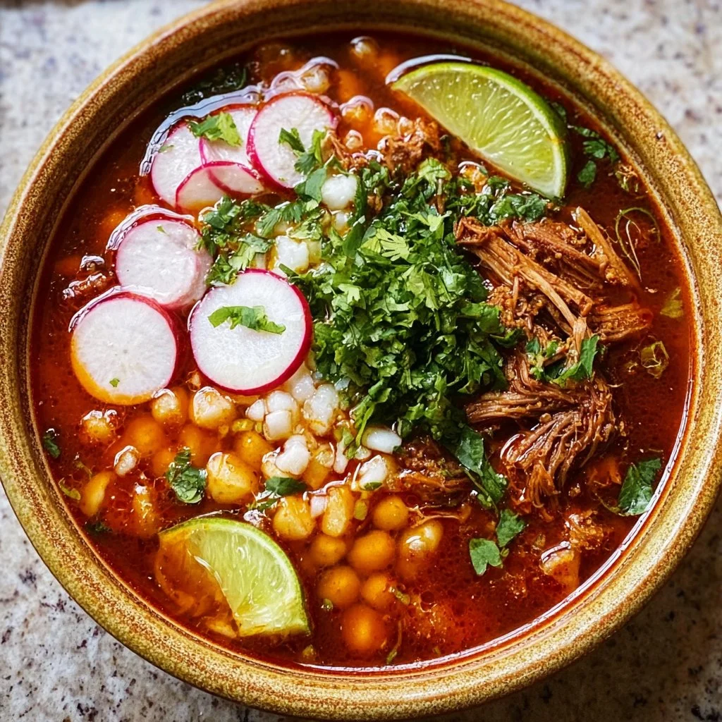 Bowl of traditional pozole with toppings like radish, cabbage, and lime.