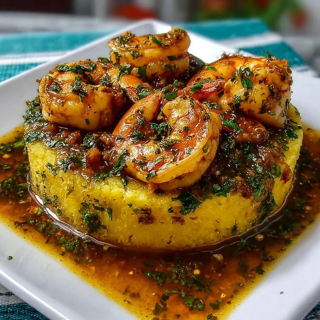 Delicious Garlic Shrimp Mofongo served with a flavorful garlic sauce and plantains.