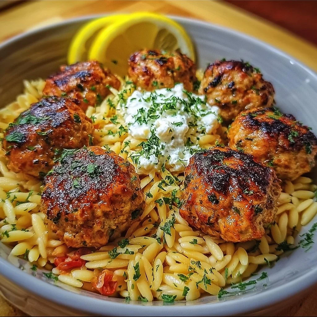 Greek Chicken Meatballs with Lemon Orzo: A Culinary Journey to the Heart of Greece 1 Greek chicken meatballs served with lemon orzo dish on a plate.