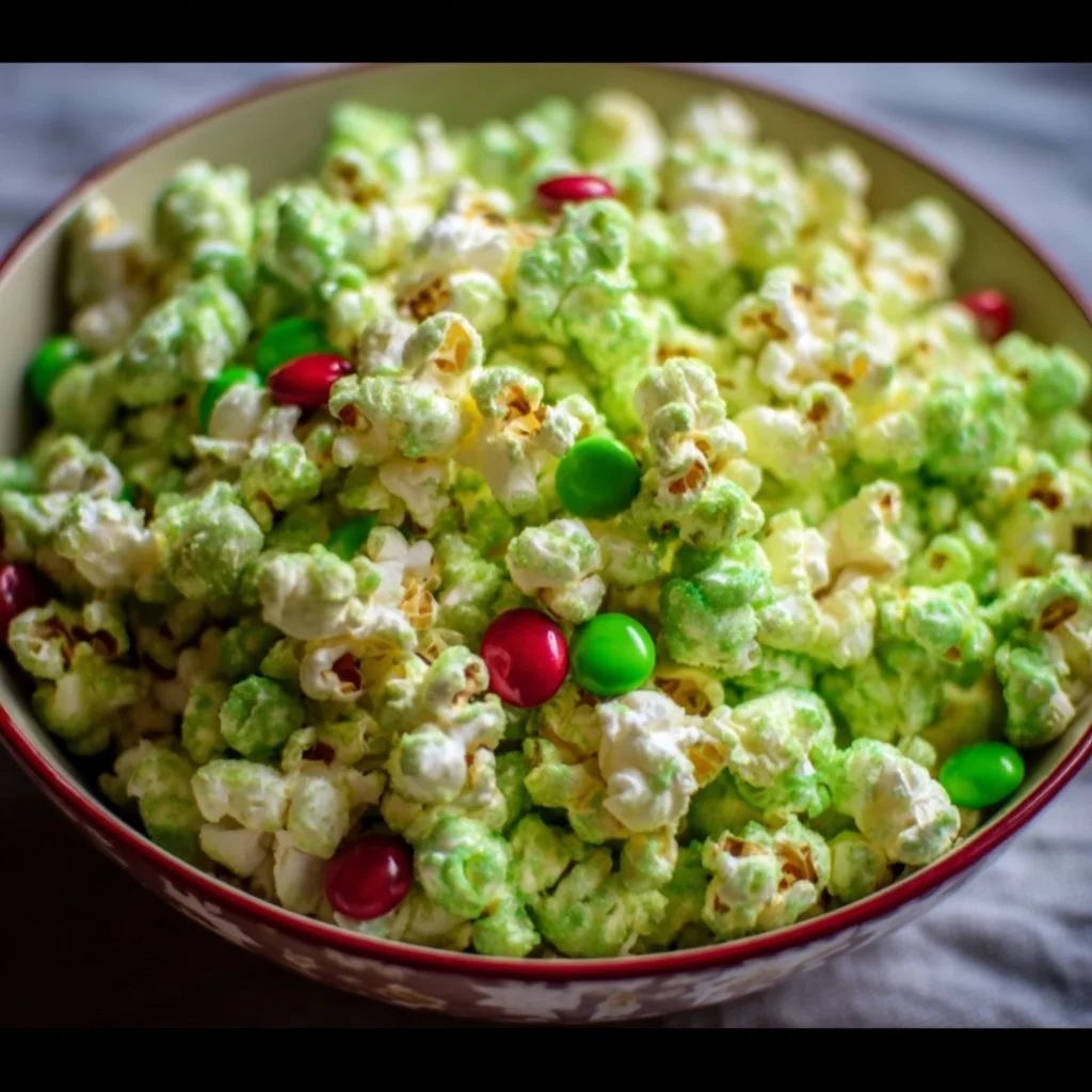 Colorful Grinch popcorn mix featuring green popcorn and red candies for the holidays