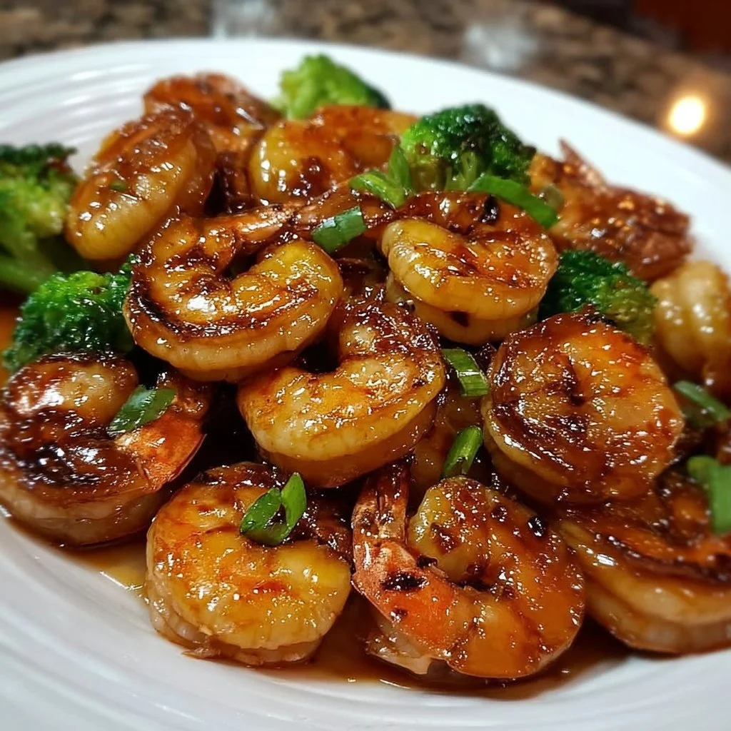 High-Protein Honey Garlic Shrimp 1 High-protein honey garlic shrimp served on a plate with green onions.