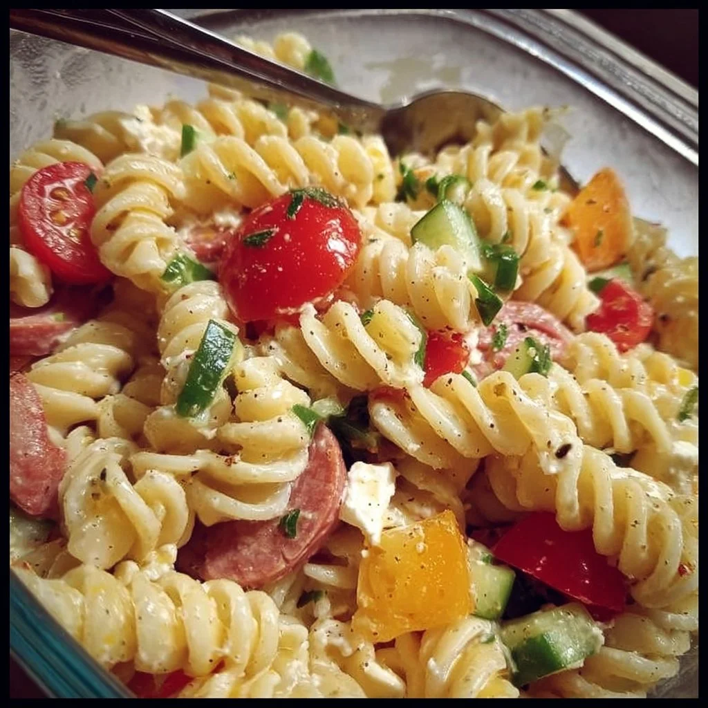 High-protein Italian pasta salad with colorful vegetables and dressing