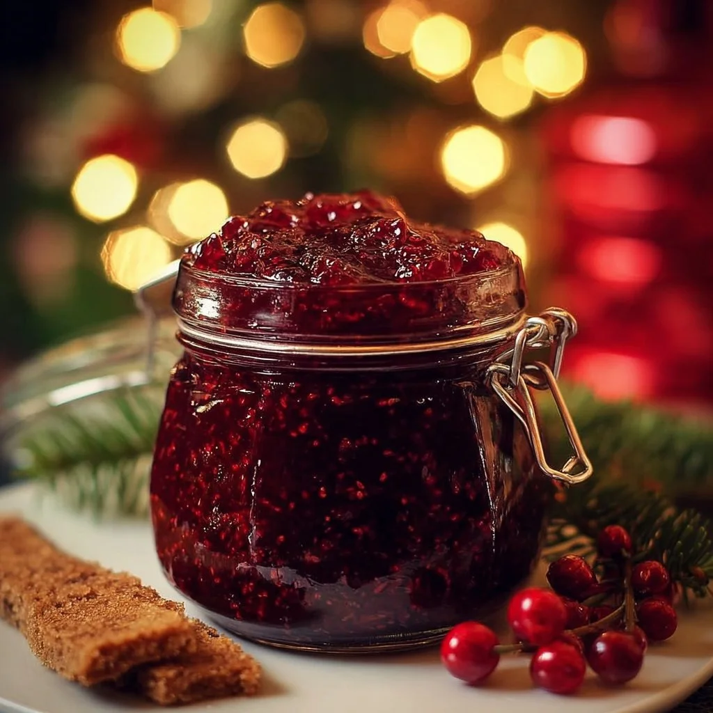 Homemade Christmas jam in a jar with festive decorations.