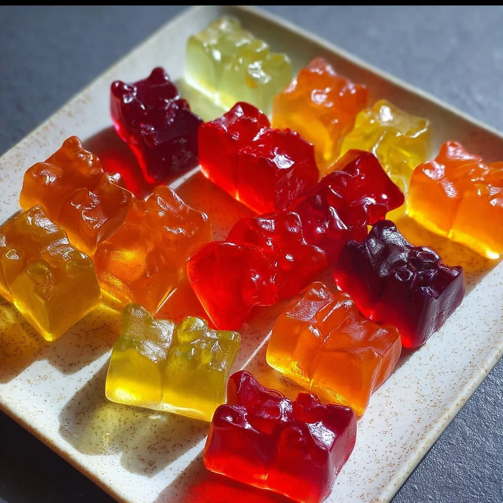 Colorful homemade gummies in various shapes and flavors on a wooden table.
