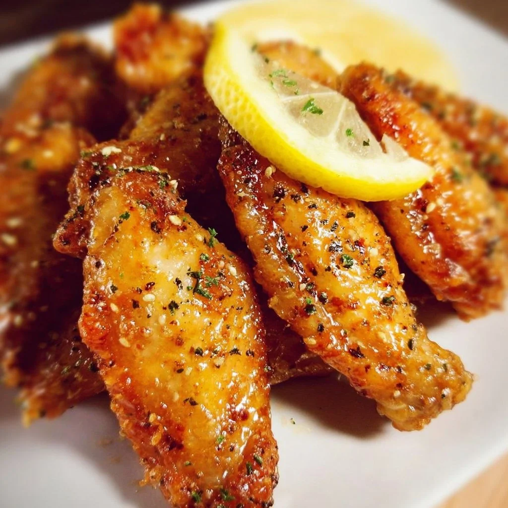 Honey Lemon Pepper Wings garnished with lemon slices and herbs