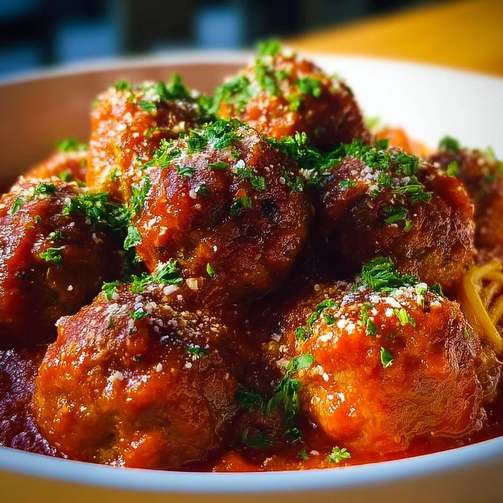 Italian meatballs in marinara sauce served on a plate with fresh herbs