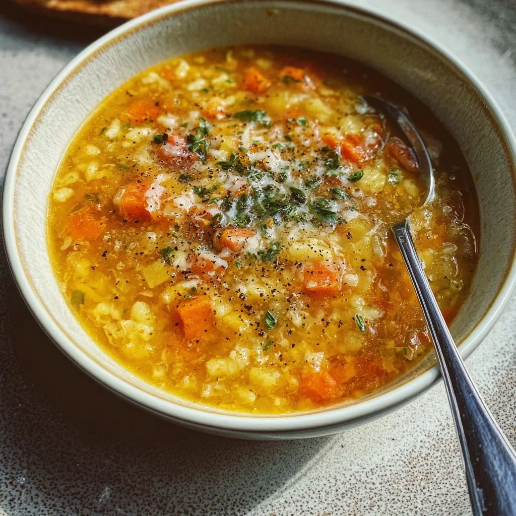 Bowl of Italian Penicillin Soup with fresh herbs and veggies.
