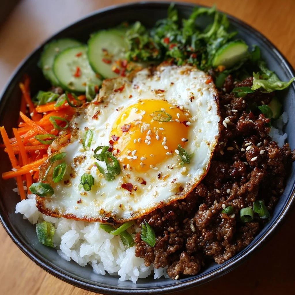 Korean Ground Beef Bowl 1 Korean Ground Beef Bowl topped with fresh vegetables and sesame seeds