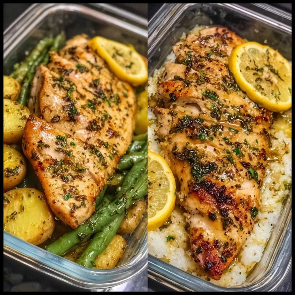 Lemon Garlic Chicken for meal prep with fresh herbs and garlic.