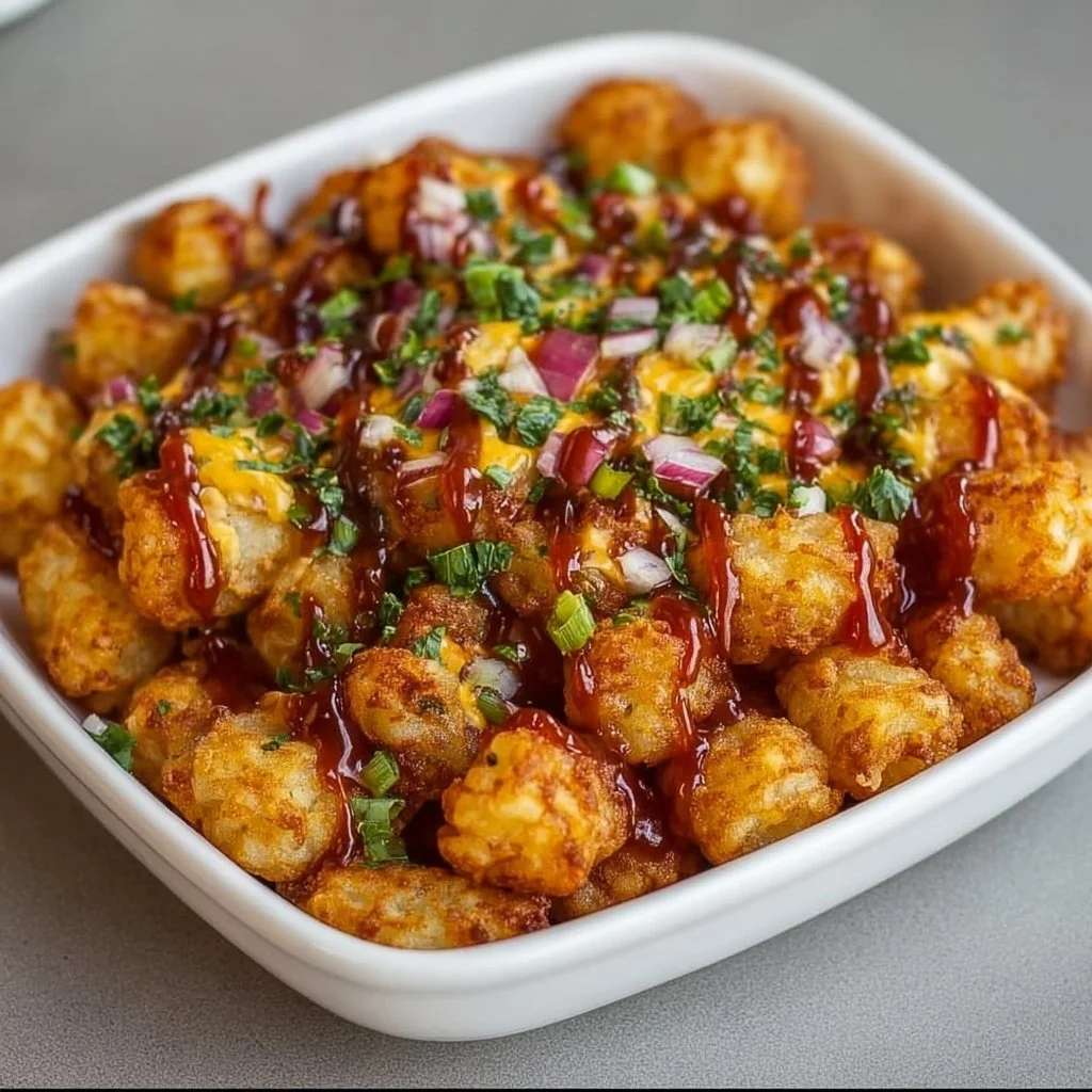 Delicious loaded tater tots topped with cheese and bacon