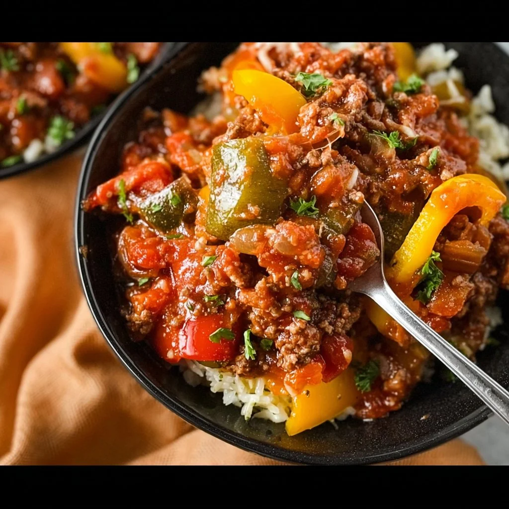 Healthy meal prep unstuffed pepper bowls with colorful vegetables and rice.