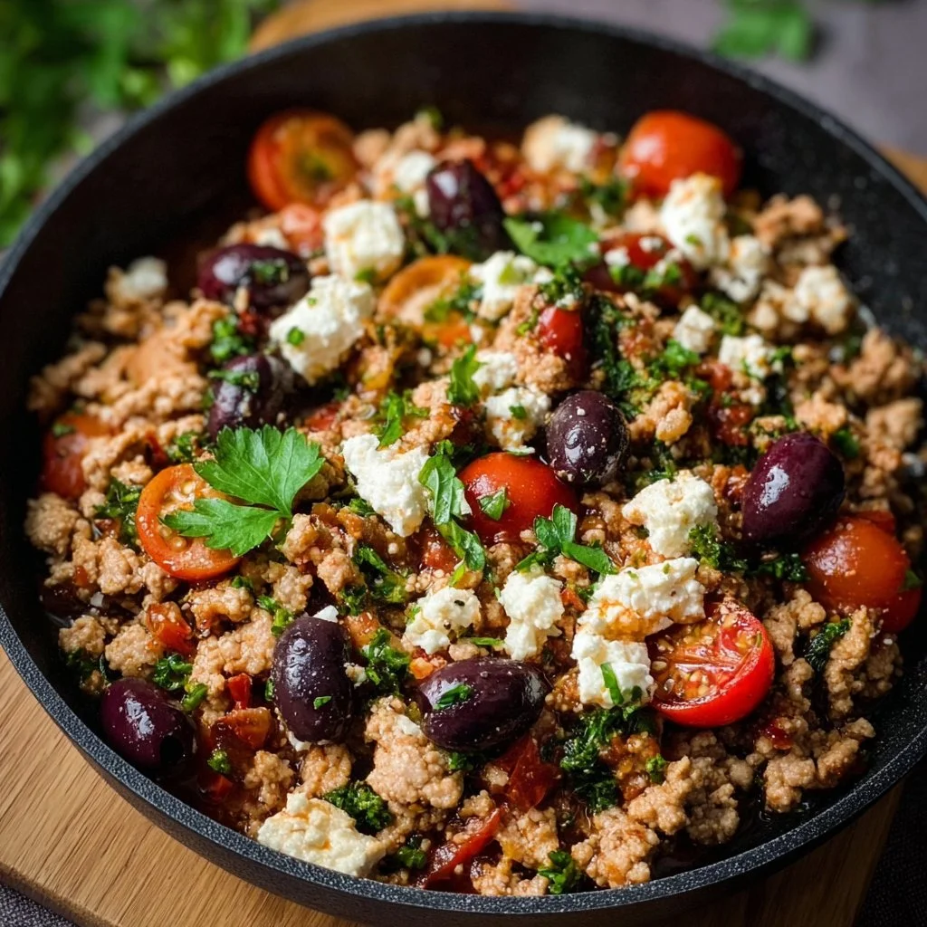 Mediterranean Keto Ground Chicken Skillet with Olives and Feta 1 Mediterranean Keto ground chicken skillet with olives and feta.