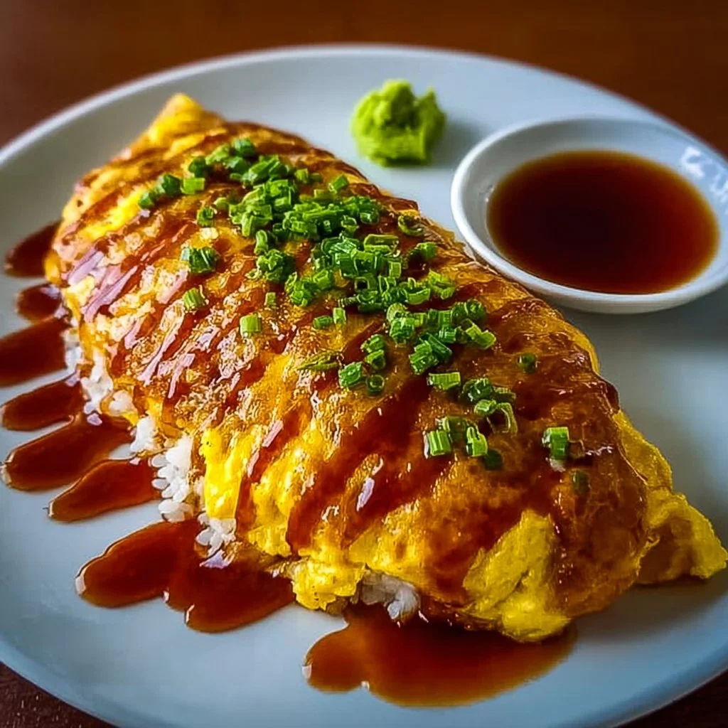 Delicious omurice featuring a fluffy omelette over flavorful fried rice.