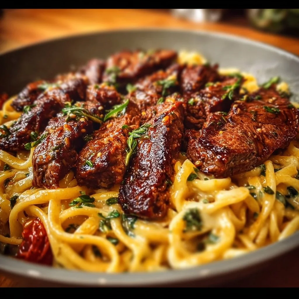 Delicious one-pan spicy honey garlic steak pasta dish served in a bowl