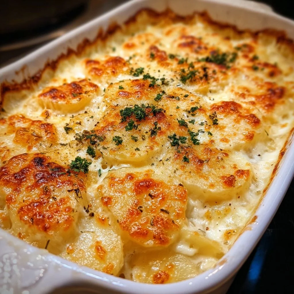 Deliciously baked scalloped potatoes with cheese and cream
