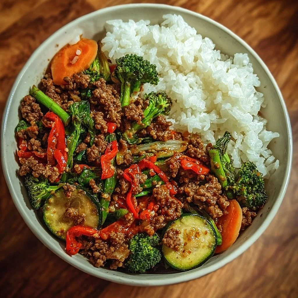 Spicy Ground Beef Stir-Fry Bowl with Garlic Veggies & Steamy Rice