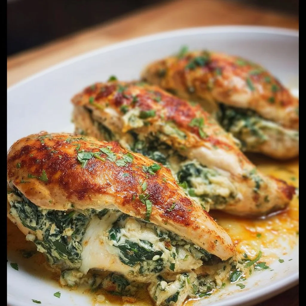 Juicy spinach stuffed chicken breasts, a healthy low carb dinner option.