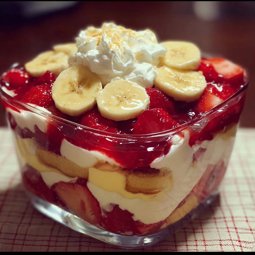 Strawberry Banana Pudding Dream 1 Delicious strawberry banana pudding with fresh fruit toppings.