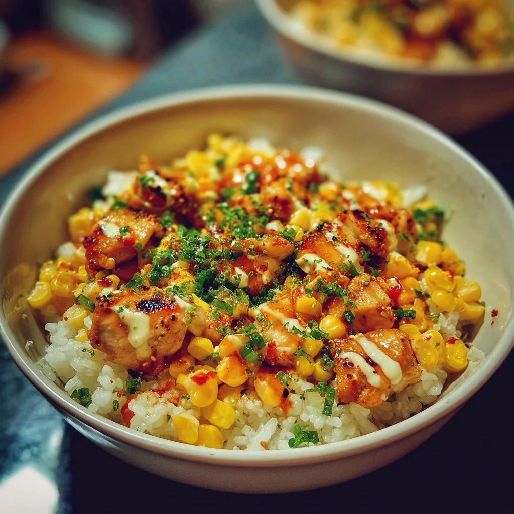 Delicious Street Corn Chicken Rice Bowl with tender chicken and fresh ingredients