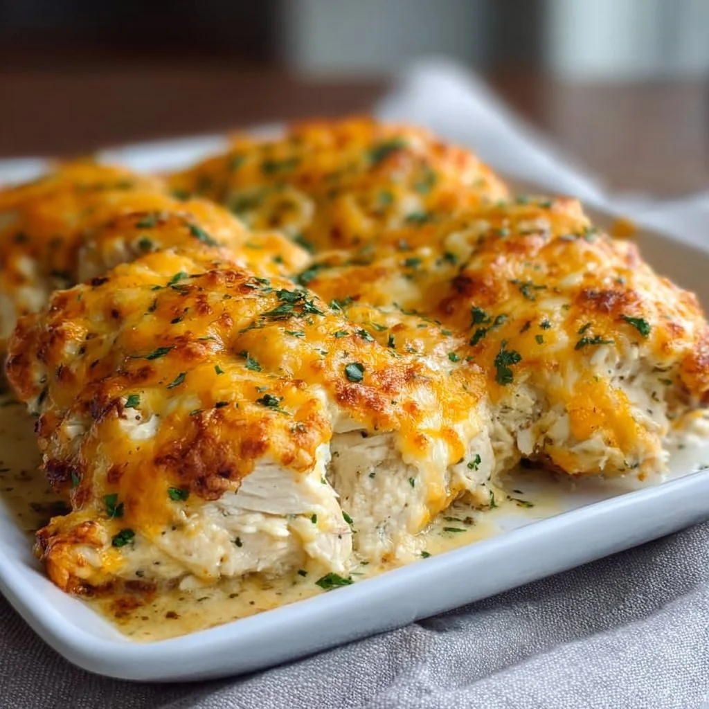 Delicious 4-Ingredient Ranch Chicken Bake on a serving dish