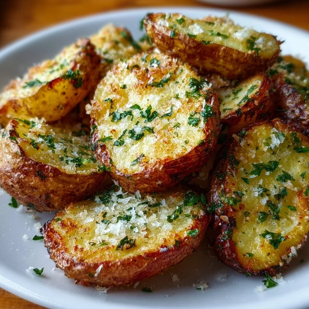 A plate of Air Fryer Baked Garlic Parmesan Potatoes garnished with herbs