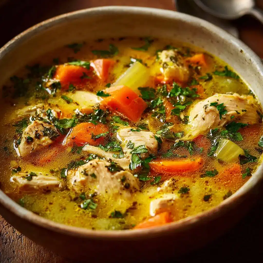 Bowl of anti-inflammatory creamy chicken soup with fresh herbs and vegetables