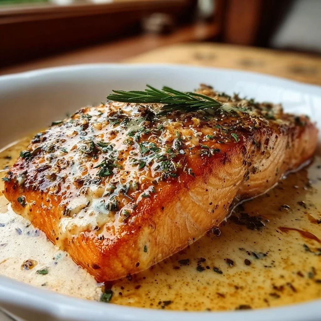 Baked Boursin Salmon garnished with herbs on a plate