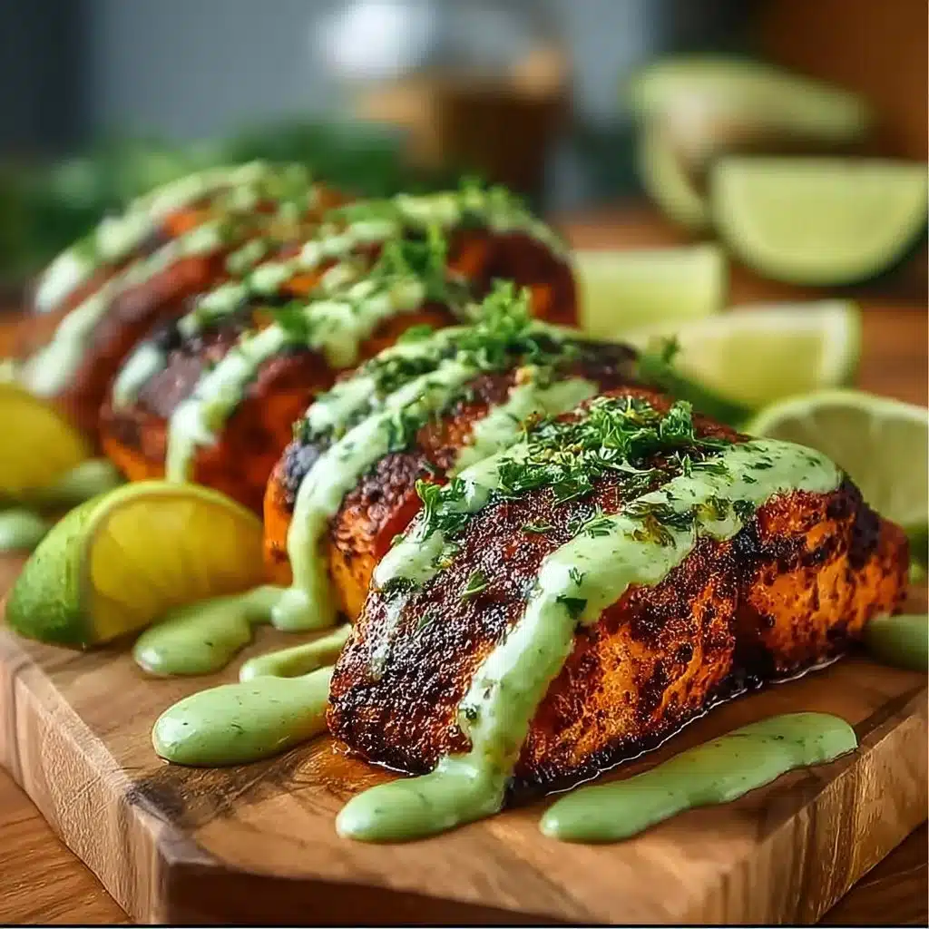 Baked Cajun salmon fillet served with avocado lime sauce on a plate