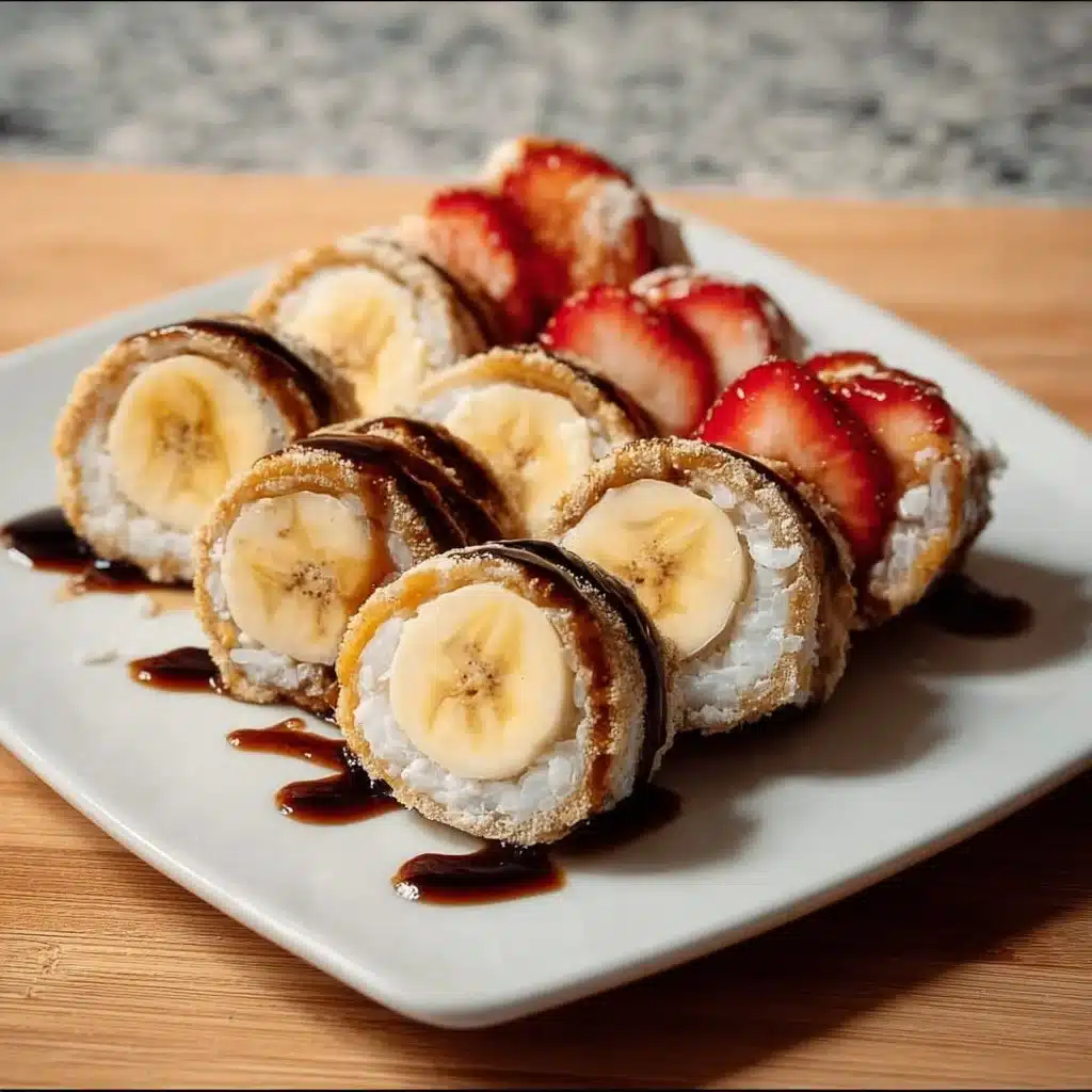 Colorful Banana Sushi Rolls with rice and toppings wrapped in seaweed.