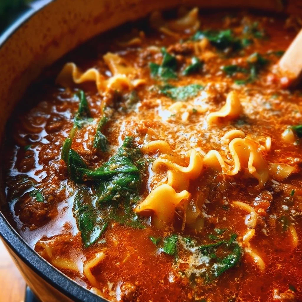 Delicious one-pot lasagna soup served in a bowl with cheese and herbs.