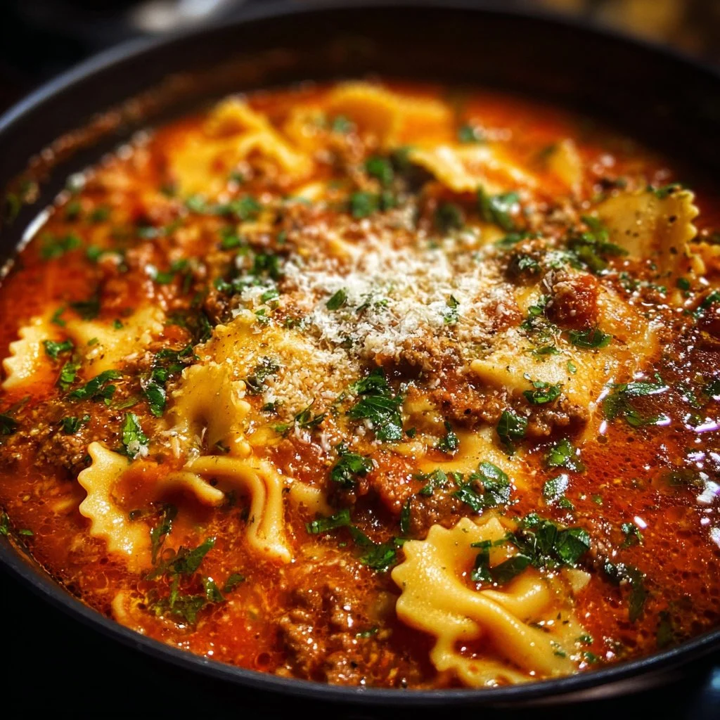 BEST EVER One-Pot Lasagna Soup Recipe! 3 Delicious one-pot lasagna soup served in a bowl with fresh herbs.
