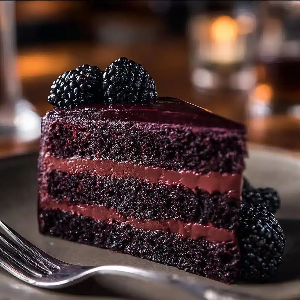 Blackberry Velvet Cake, a dark and lush gothic dessert with rich blackberry flavor.