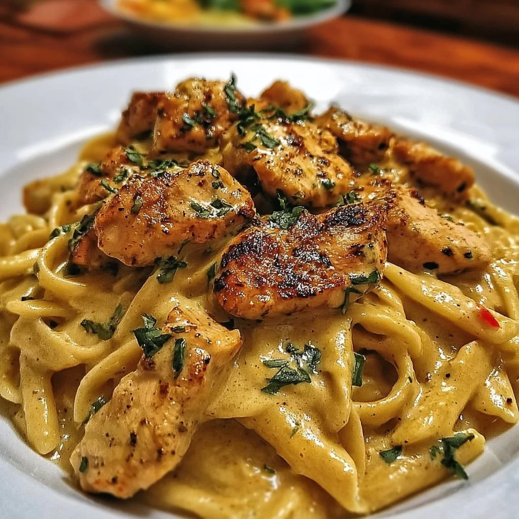 Delicious Cajun Chicken Pasta served with herbs and spices on a plate.